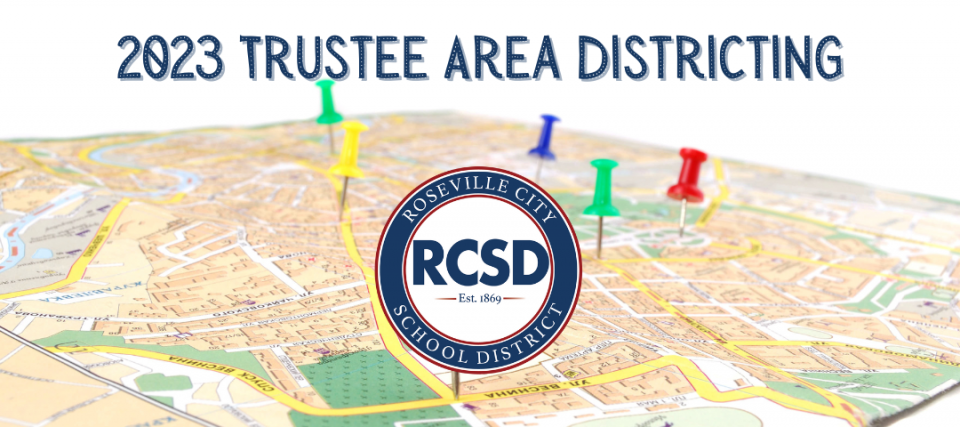Map with pinned locations, text reads "2023 Trustee Area Districting" and RCSD logo