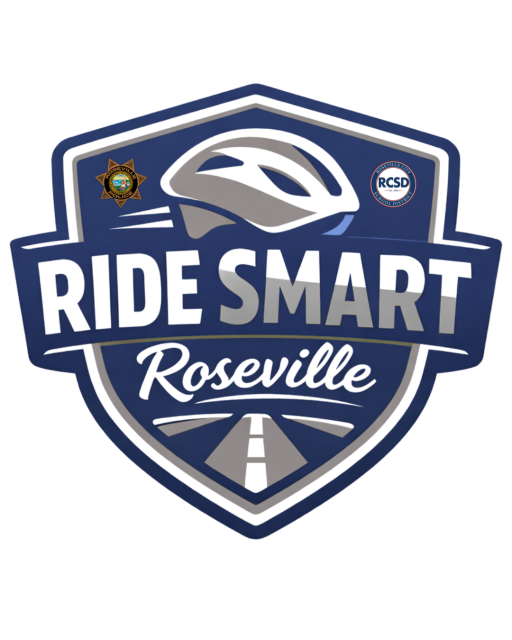  A cartoon bicycle helmet above the words 'RIDE SMART' and 'Roseville.' It includes logos from the Placer County Sheriff and Roseville City School District.